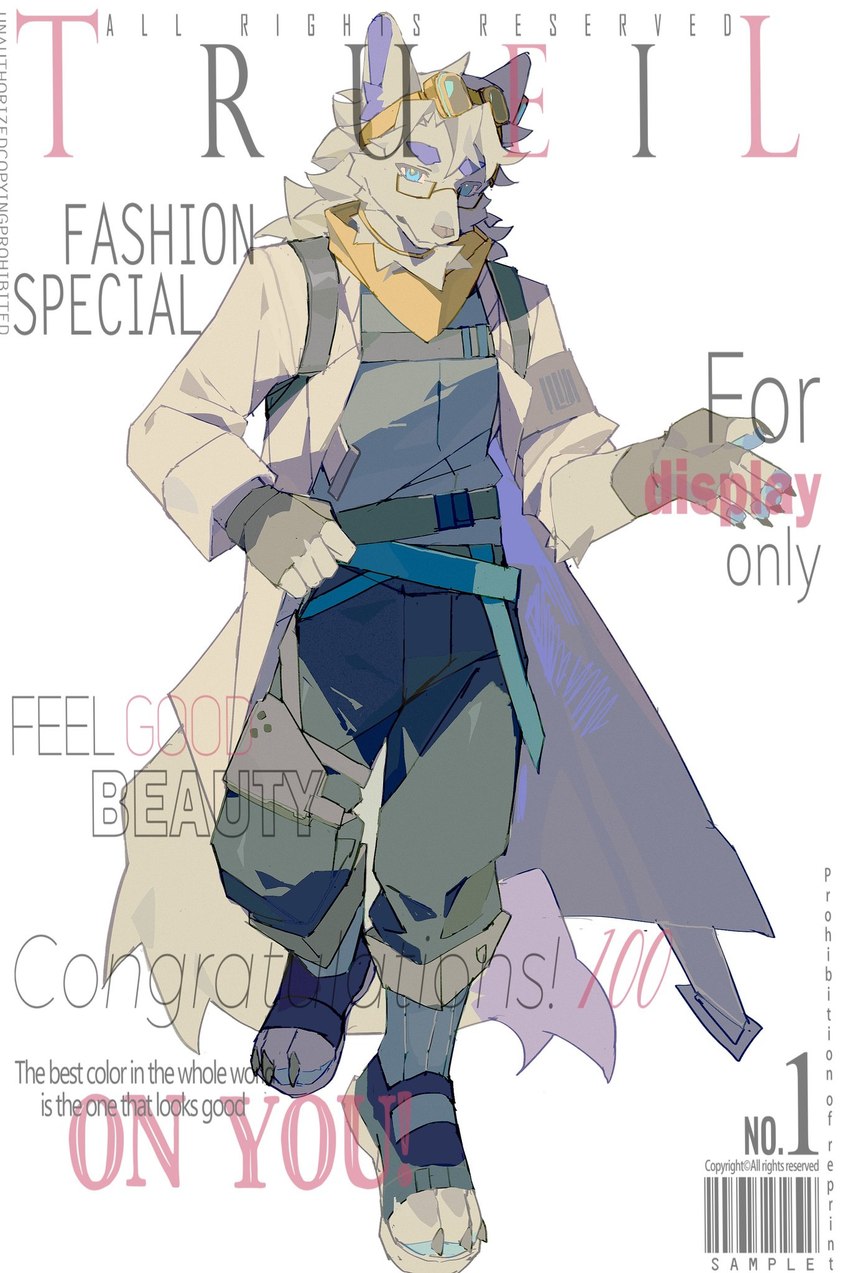 anthro athletic athletic_anthro athletic_male blue_eyes fur glasses_on_face looking_at_viewer male paw_shoes scarf solo text walking_towards_viewer white_body white_fur yellow_scarf viosgit canid canine canis mammal wolf 2023 cover digital_media_(artwork) digital_painting_(artwork) english_text hi_res magazine_cover