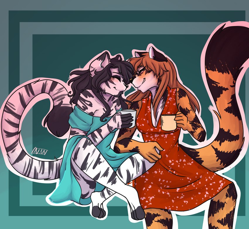 anthro blush clothed clothing container crossdressing crossed_legs cup dress duo female hand_on_knee hand_on_leg low-angle_view male male/female unknown_artist elsa xandy felid mammal pantherine tiger absurd_res hi_res