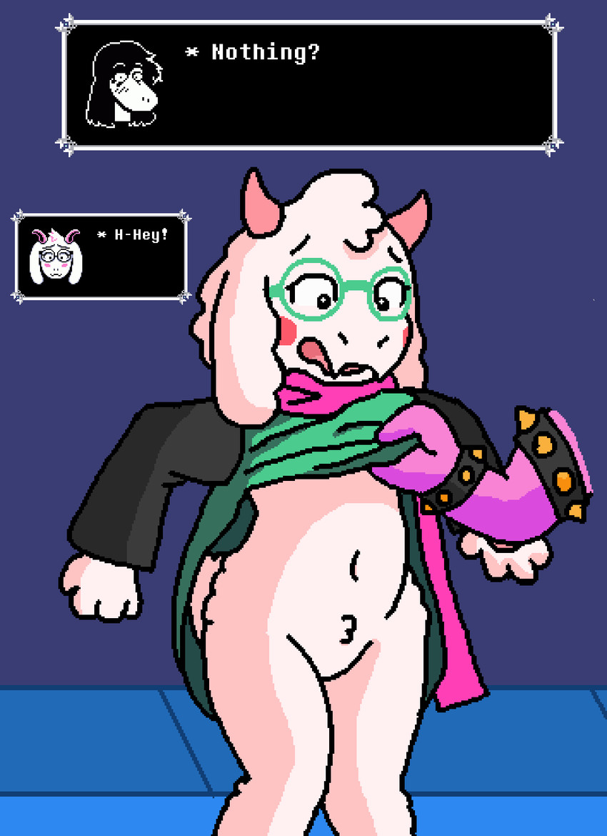 anthro assisted_exposure biped black_sleeves blush blush_stickers bracelet clothed clothing clothing_lift crotch_tuft dialogue disembodied_hand dress dress_lift duo embarrassed exposed eyebrows eyelashes eyewear fangs featureless_crotch female fluffy fluffy_ears fur glasses green_clothing green_dress green_eyewear green_glasses head_tuft hip_tuft horn jewelry knock-kneed long_ears looking_down male male/female navel no_underwear null open_mouth outside pawpads paws pink_horn pink_scarf raised_arms scarf scut_tail short_tail simple_background slightly_chubby solo_focus spiked_bracelet spikes standing surprised tail teeth text text_box three-quarter_view tuft white_body white_fur wide_eyed pixel_vibri deltarune undertale_(series) ralsei susie_(deltarune) boss_monster_(undertale) bovid caprine darkner goat mammal reptile scalie 2026 aliasing digital_media_(artwork) english_text hi_res