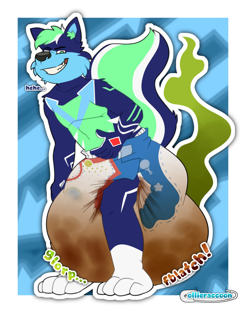 anthro diaper excessive_feces feces hyper hyper_feces male messy smelly smile smug soiled_diaper soiling solo stink_fumes stink_lines unclean_diaper used_diaper possumkiddo canid canine canis mammal wolf absurd_res hi_res