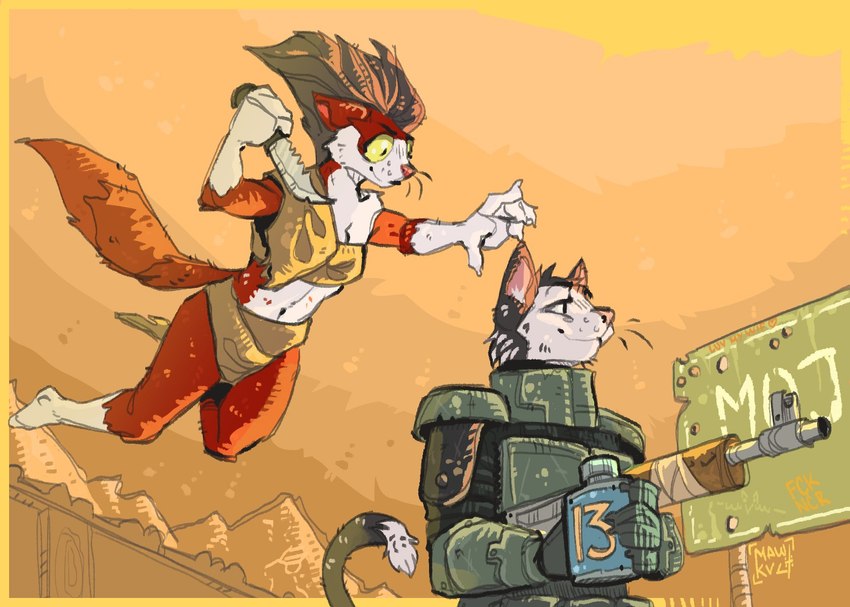 anthro armor duo ears_up female flying gun holding_gun holding_knife holding_melee_weapon holding_object holding_ranged_weapon holding_rifle holding_weapon jumping knife looking_at_another looking_forward male male/female melee_weapon ranged_weapon rifle sign tail weapon yellow_eyes mawkvlt fallout microsoft domestic_cat felid feline felis mammal hi_res