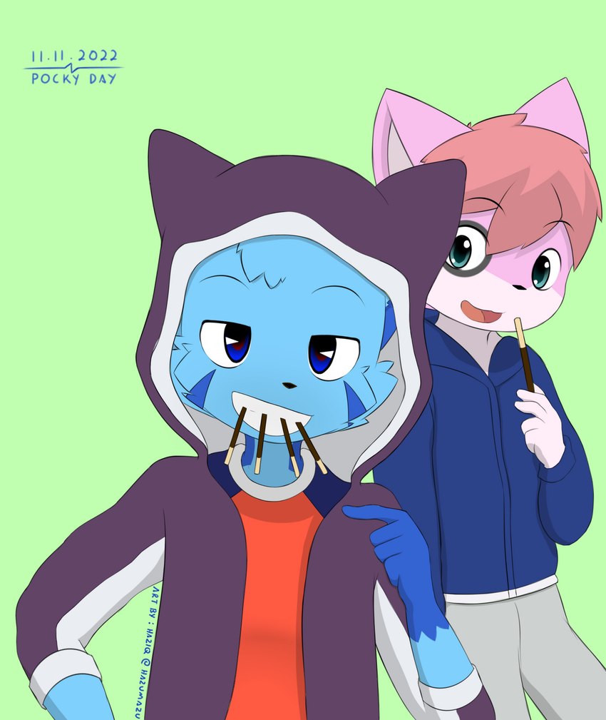 anthro blue_body blue_fur clothed clothing duo eating eating_food food fur holding_food holding_object looking_at_viewer male male/male open_mouth pink_body pink_fur showing_teeth smile smiling_at_viewer tongue young young_anthro young_male hazumazu pocky pocky_and_pretz_day haziq_(hazumazu) naz_namaki_(cynxie) domestic_cat felid feline felis mammal 2022 hi_res