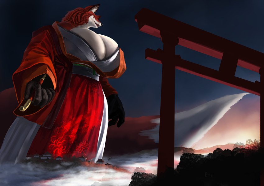 anthro asian_clothing big_breasts big_tail breasts cleavage clothed clothing east_asian_clothing eyes_closed facial_markings female fur head_markings huge_breasts huge_tail japan japanese japanese_clothing kariginu kemono kimono low-angle_view macro markings mehajiki mountain obi orange_body orange_fur outside pipe red_markings small_head solo sunrise tail torii town white_body white_fur osaki_eru yoake_(osaki_eru) canid canine fox mammal 2015 hi_res