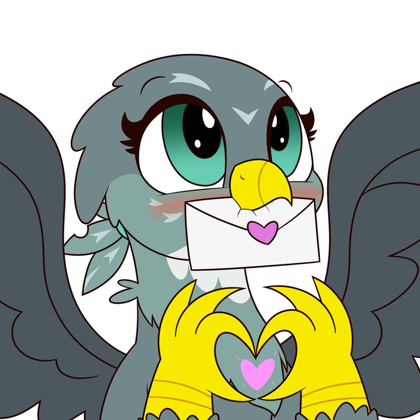 beak blush female feral fur gesture grey_body grey_fur heart_gesture heart_symbol letter mouth_hold simple_background solo spread_wings teal_eyes white_background wings mrneo friendship_is_magic hasbro my_little_pony mythology gabby_(mlp) avian gryphon mythological_avian mythological_creature 1:1 2021 absurd_res bust_portrait digital_drawing_(artwork) digital_media_(artwork) flat_colors hi_res portrait