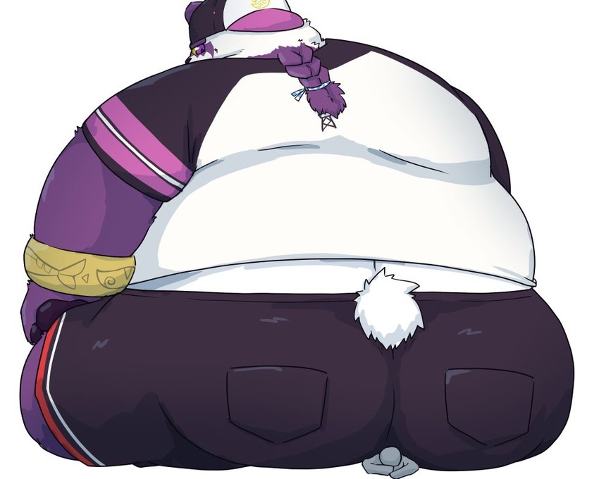 anthro big_butt biped bottomwear butt clothing duo hat headgear headwear kemono micro overweight purple_body shirt shorts simple_background sitting sitting_on_another size_difference topwear white_body aumy_wani lifewonders tokyo_afterschool_summoners alp_(tas) bear giant_panda mammal 2024 5:4