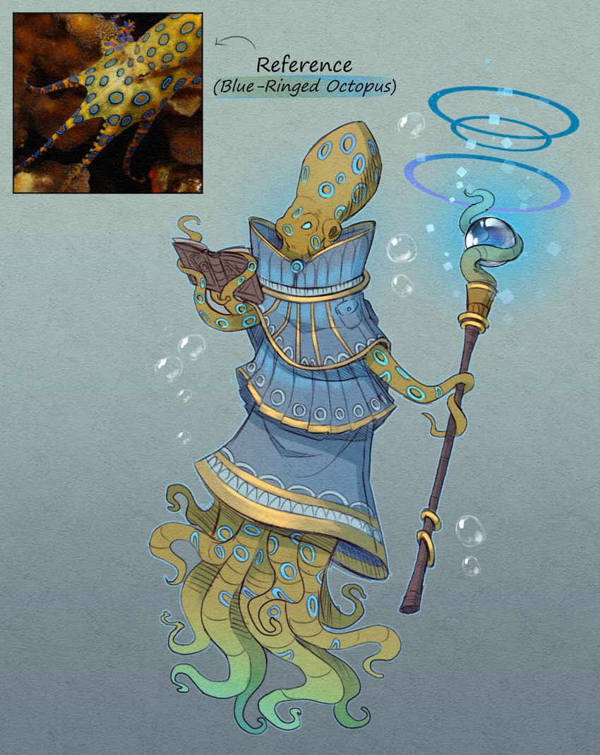 ambiguous_gender anthro book clothed clothing markings reference_image ring_(marking) scepter solo tentacles text rappenem blue-ringed_octopus cephalopod coleoid marine mollusk octopodiform octopus english_text hi_res