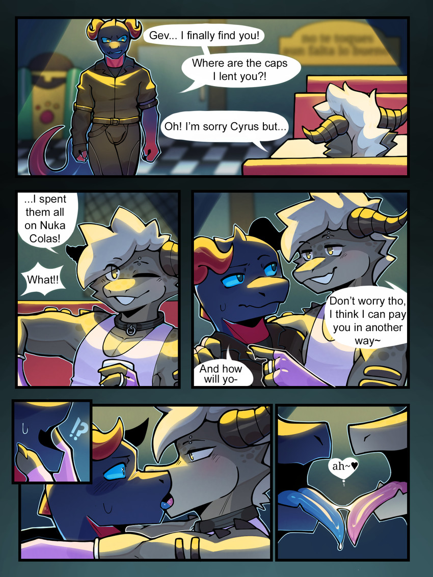 anthro blush clothing collar crop_top dialogue diner duo electronics eyebrow_piercing facial_piercing femboy fingerless_gloves french_kissing furniture gloves handwear heart_symbol holding_glass holding_object horn jukebox kissing male male/male mohawk nuka-cola piercing pink_outfit restaurant ring shirt sitting spikes table text tile tongue topwear unsensitivensfw fallout microsoft cyrus_(sigmapaws) gevaudan_(good4life4ever) deathclaw scalie 3:4 comic english_text hi_res