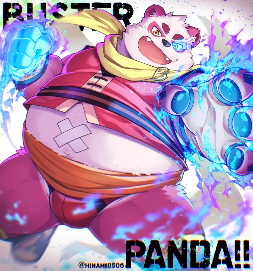 anthro band-aid bandage belly big_belly black_nose bulge clothing cute_fangs fangs fur humanoid_hands kemono magic male overweight overweight_male pink_body pink_fur scarf simple_background solo teeth underwear white_body white_fur hinami bear giant_panda mammal 2023 absurd_res hi_res