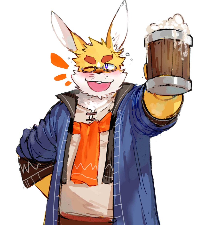 alcohol anthro beer beer_glass beverage biped black_eyes blue_clothing blue_jacket blue_topwear clothing fur jacket looking_at_viewer male one_eye_closed solo topwear white_body white_fur yellow_body yellow_fur papyuuno chardonnay_romancia jey_caroot lagomorph leporid mammal rabbit 2024 hi_res