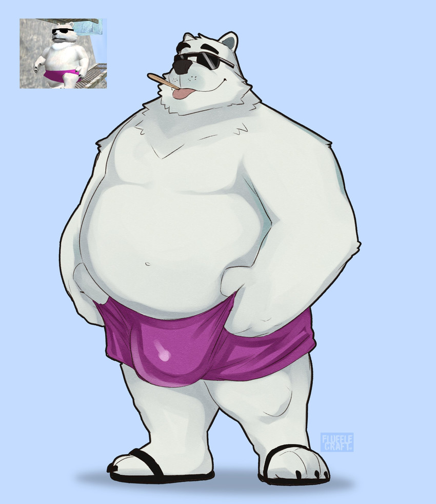 3_toes anthro belly big_bulge blue_background bottomwear bulge clothed clothing eyewear feet flip_flops footwear fur male navel overweight overweight_anthro overweight_male sandals shoes shorts simple_background smile solo sunglasses toes tongue tongue_out topless topless_male white_body white_fur flufflecraft ice_climber nintendo polar_bear_(ice_climber) bear mammal polar_bear ursine 2021 hi_res