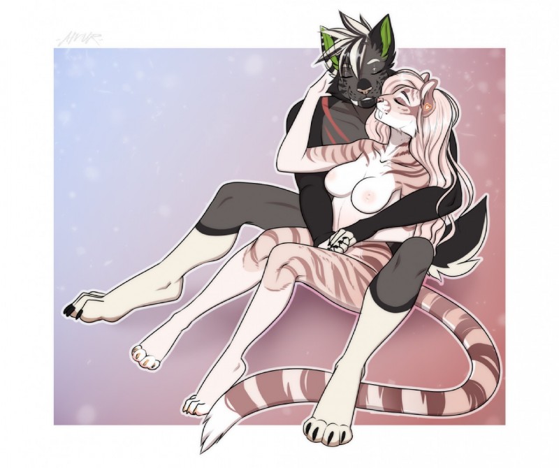 anthro black_body black_fur blonde_hair breasts cuddling duo eyes_closed female fur hair male male/female nipples nude simple_background sitting stripes white_body white_fur amur grum_(grumbbuck) smurple_(grumbbuck) felid feline mammal pantherine prehistoric_species saber-toothed_tiger tiger 2019 digital_media_(artwork) signature