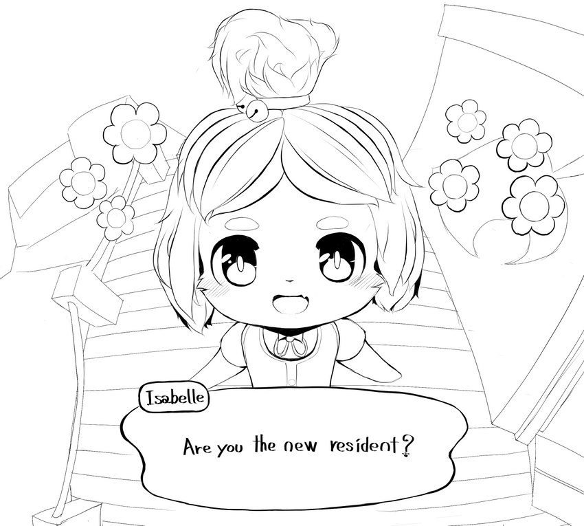 anthro asking asking_viewer blush bow_(feature) dialogue dialogue_box female first_person_view flower header header_box perspective plant question smile solo string_bow string_bow_tie talking_to_viewer text text_box yes-no_question francat animal_crossing nintendo isabelle_(animal_crossing) canid canine canis domestic_dog mammal english_text hi_res line_art monochrome sketch