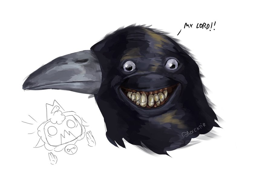 ambiguous_gender anthro beak bell black_body black_feathers creepy creepy_face creepy_smile crown cultist cursed_image duo emanata feathers fur grey_beak gums_(mouth) headgear humor looking_at_viewer nightmare_fuel painterly shitpost simple_background smile solo_focus soul_devouring_eyes style_emulation talking_to_viewer teeth text the_truth tuft where_is_your_god_now white_background why wool_(fur) nolentir cult_of_the_lamb massive_monster_(studio) lamb_(cult_of_the_lamb) red_crown_(cult_of_the_lamb) avian bird bovid caprine corvid corvus_(genus) crow mammal oscine passerine sheep 2024 english_text headshot_portrait meme portrait signature