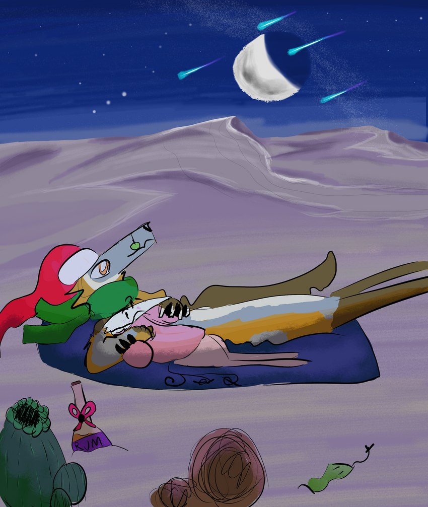 alcohol anthro bedding beverage black_nose blanket brown_tail cactus christmas_clothing christmas_headwear clothed clothing cuddling desert detailed_background duo eyewear feral fur glasses hand_holding hat headgear headwear holidays lying male moon mostly_nude multicolored_body multicolored_fur night outside partially_clothed plant sand sand_dune santa_hat scarf scarf_only shooting_star sky smile star starry_sky tail tumbleweed white_body rockpankake christmas roi_(rockpankake) canid canine elemental_creature flora_fauna fox island_fox mammal reptile scalie snake urocyon 2023 absurd_res digital_media_(artwork) firealpaca_(artwork) hi_res shaded