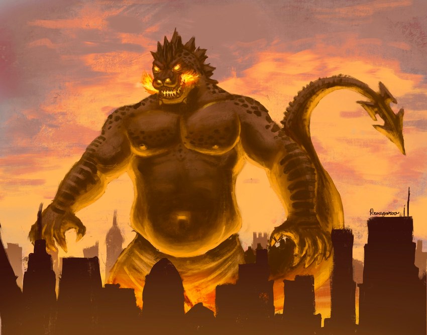 anthro biceps breath_powers city clothed clothing elemental_manipulation fire fire_breathing fire_manipulation glowing glowing_eyes macro male musclegut muscular navel nipples non-mammal_nipples orange_eyes pecs slightly_chubby solo topless rrougarou1 godzilla_(series) toho godzilla dinosaur prehistoric_species reptile scalie hi_res