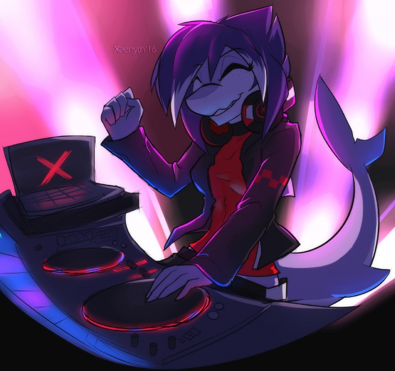 5_fingers anthro breasts clothed clothing electronics eyebrows eyelashes eyes_closed female fingers hair headphones non-mammal_breasts smile solo standing turntable_(decks) xaenyth xaenyth_(character) fish marine shark hi_res