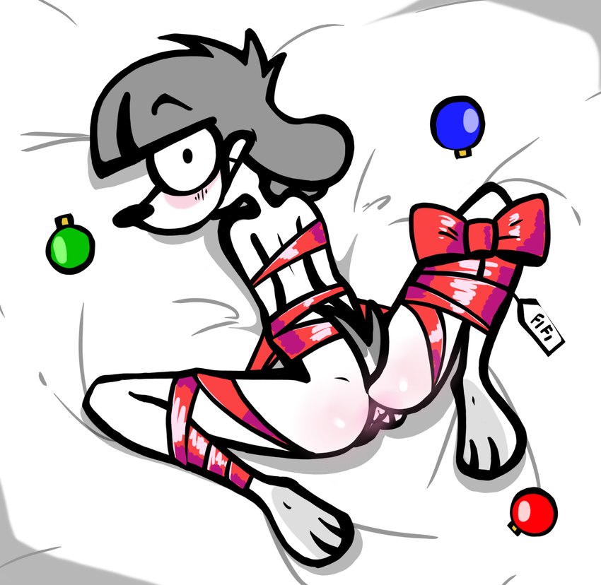 anal andromorph anthro arms_tied bed blush blush_lines bound butt christmas_clothing christmas_decorations christmas_gift clothing dog_ears dog_tags dog_tail domestig_dog embarrassed feet female female_anthro floppy_ears fur furniture genitals gift good_girl hair holidays intersex legs_tied legwear looking_at_viewer looking_back narrow_hips nude paws pussy scared scared_face short_hair simple_background slim slim_female snout solo spread_legs spreading surprised_expression tail thin_calves thin_legs toes toony white_background white_body white_fur wide_hips christmas fifi_(somemf) canid canine canis domestic_dog humanoid mammal poodle absurd_res artist_name hi_res