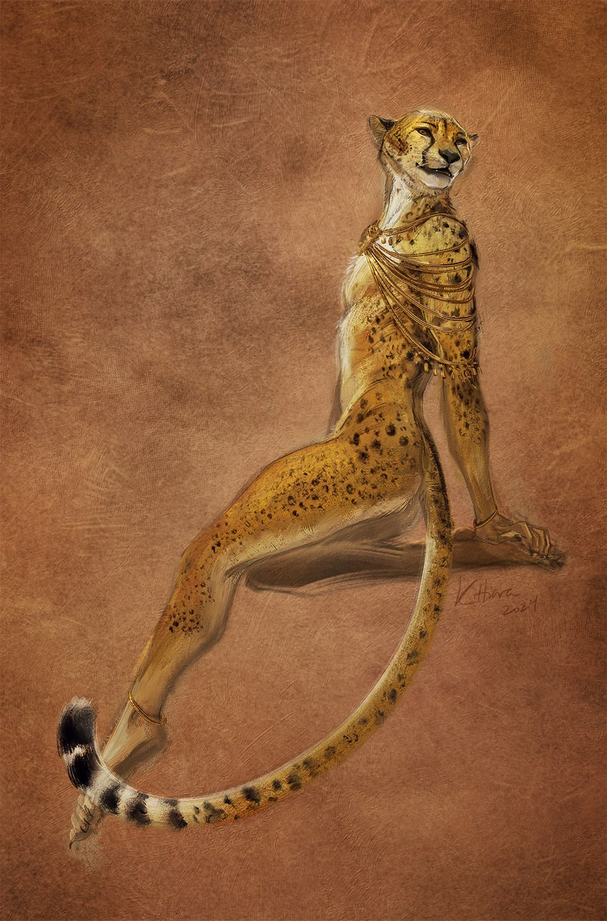 anthro jewelry jewelry_only looking_back male nude orange_eyes plantigrade solo tasteful_nudity kittiara cheetah felid feline mammal 2024 digital_media_(artwork) hi_res