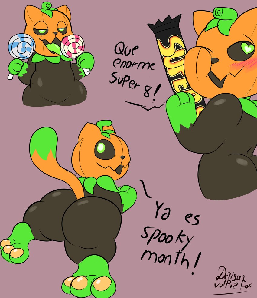 anthro big_butt blush butt butt_focus candy dessert feet food for_a_head heart_eyes heart_symbol hindpaw holidays male paws plant pumpkin_head seductive simple_background solo text thick_thighs daison_the_fox halloween pumkat elemental_creature felid feline flora_fauna mammal object_head absurd_res hi_res spanish_description spanish_text translated translated_description