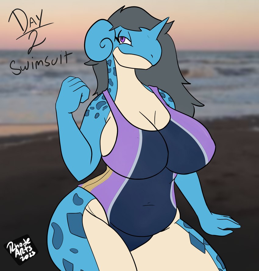 anthro beach big_breasts blue_body blue_skin breasts clothing female grey_hair hair mature_female one-piece_swimsuit pose purple_eyes seaside slightly_chubby smile smiling_at_viewer solo swimwear rhode_arts nintendo pokemon sextember generation_1_pokemon lapras marine plesiosaur pokemon_(species) prehistoric_species reptile scalie hi_res