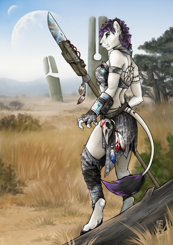 5_fingers amazing_background anthro back_tattoo barefoot biped black_nose chaos chaos_star clothed clothing collar day detailed_background digitigrade feathers feet female fingers fur glaive grass hair halberd holding_object holding_weapon melee_weapon moon outside plant polearm power_spear purple_hair science_fiction skimpy sky solo symbol tattoo toes torn_clothing tribal warrior weapon white_body white_fur tanutanuki warhammer_(franchise) warhammer_40000 chaos_cultist abhuman felid felinid lion mammal pantherine 2019 detailed digital_media_(artwork) hi_res