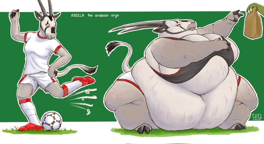 anthro before_and_after belly big_belly female fit_to_fat grass morbidly_obese morbidly_obese_anthro morbidly_obese_female obese obese_anthro obese_female overweight overweight_anthro overweight_female plant soccer solo sport stretch_marks text weight_gain dragontzin aseela antelope arabian_oryx bovid grazing_antelope mammal oryx 2022 digital_drawing_(artwork) digital_media_(artwork) english_text hi_res signature