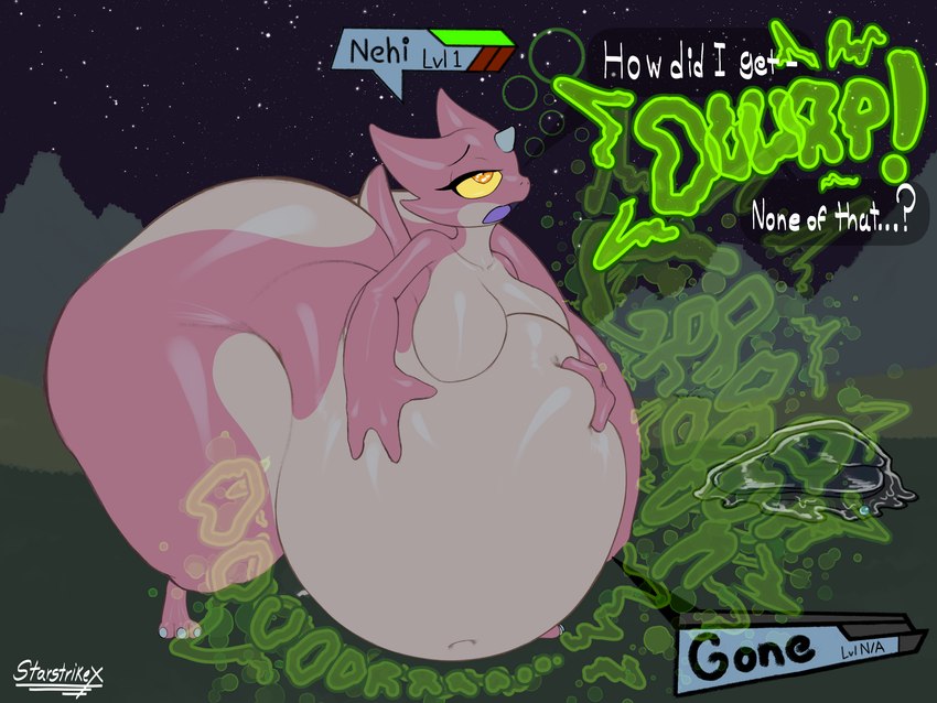 after_vore anthro belly big_belly big_butt breasts burping butt butt_expansion digested digestion digestion_noises expansion fatal_vore female female_pred gameplay_mechanics gui hand_on_belly health_bar huge_butt multicolored_body night orange_eyes overweight pink_body rumbling_stomach size_difference sky smaller_pred star starry_sky text thick_thighs thigh_expansion two_tone_body vore weight_gain yellow_sclera starstrikex nehi_(starstrikex) kobold scalie absurd_res artist_name hi_res