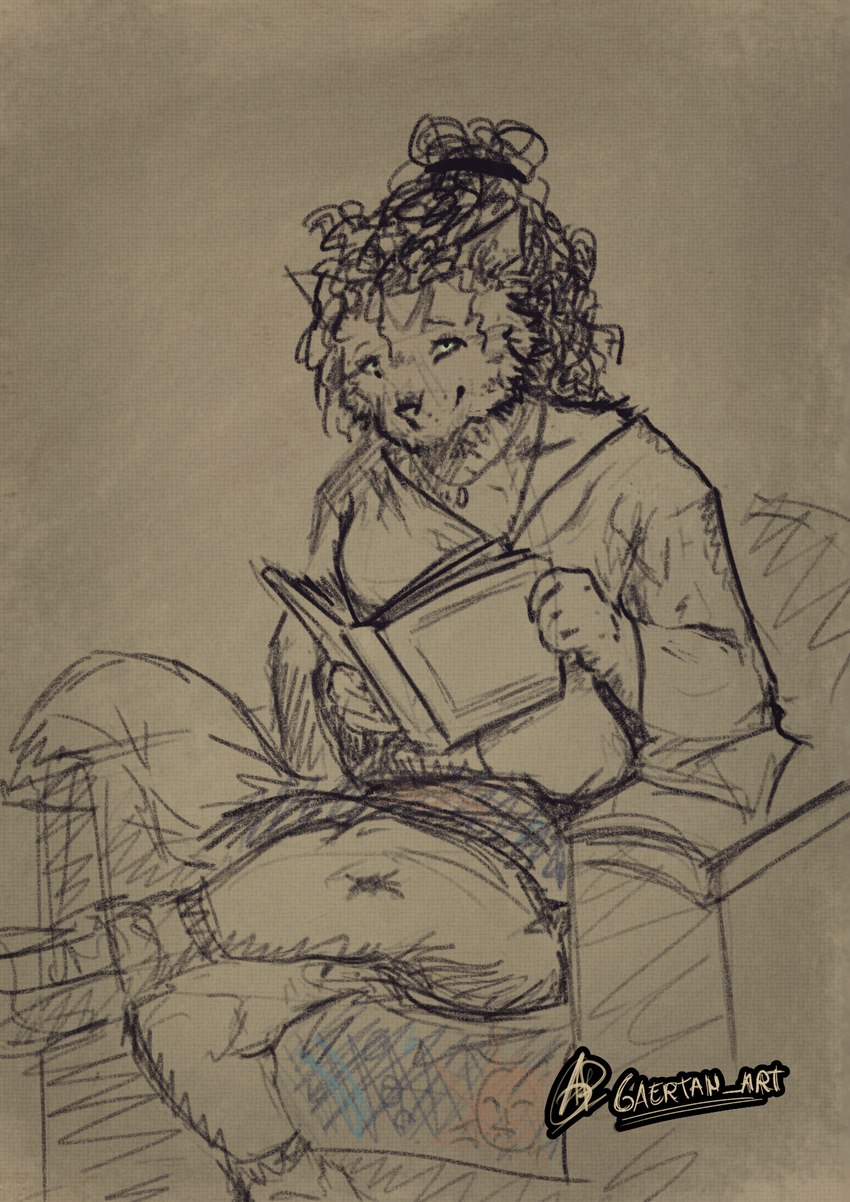 anthro book crossed_legs fantasy female furniture reading sofa gaertan dungeons_and_dragons hasbro huion wizards_of_the_coast domestic_cat felid feline felis mammal digital_media_(artwork) hi_res krita_(artwork) sketch