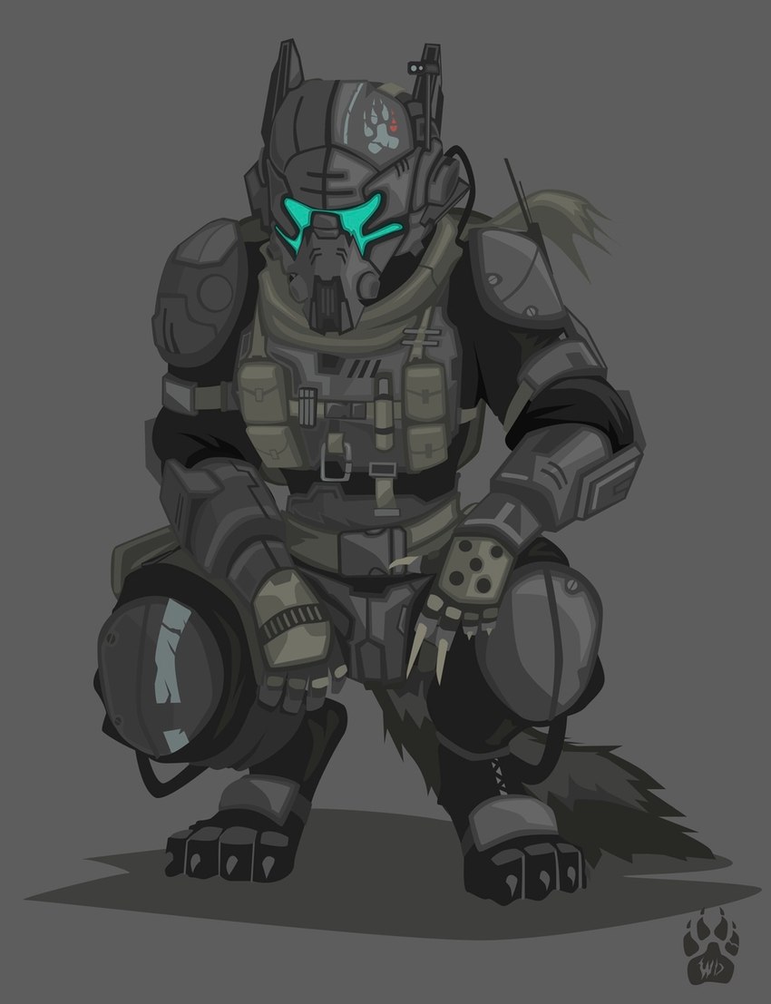 ambiguous_gender anthro armor biped claws clothed clothing crouching fully_clothed furgonomics grey_background scarf simple_background solo wolfdawg electronic_arts respawn_entertainment titanfall canid canine mammal 2017 hi_res