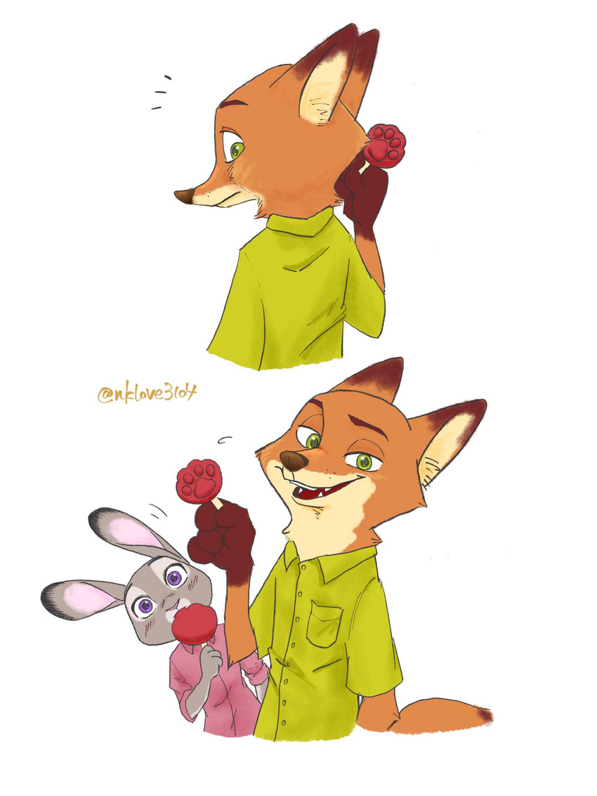 anthro clothed clothing duo eating female food fur green_eyes grey_body grey_fur looking_at_viewer male open_mouth open_smile orange_body orange_fur pawpsicle popsicle purple_eyes shirt simple_background smile topwear white_background nklove3104 disney zootopia judy_hopps nick_wilde canid canine fox lagomorph leporid mammal rabbit red_fox true_fox 2020 3:4 hi_res signature