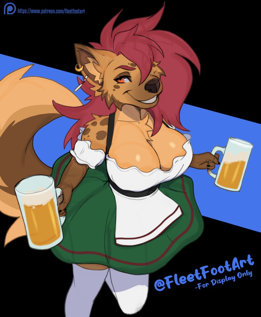 alcohol anthro beer beverage big_breasts bottomwear breasts clothing female hair looking_at_viewer one_eye_obstructed skirt smile solo text fleet-foot frinn hyena mammal 2024 hi_res url