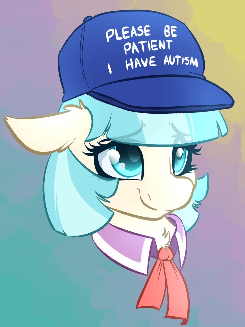 autism blue_eyes blue_hair clothing female feral hair hat headgear headwear smile solo text witchtaunter friendship_is_magic hasbro my_little_pony please_be_patient_i_have_autism coco_pommel_(mlp) earth_pony equid equine horse mammal pony 2023 bust_portrait english_text hi_res portrait