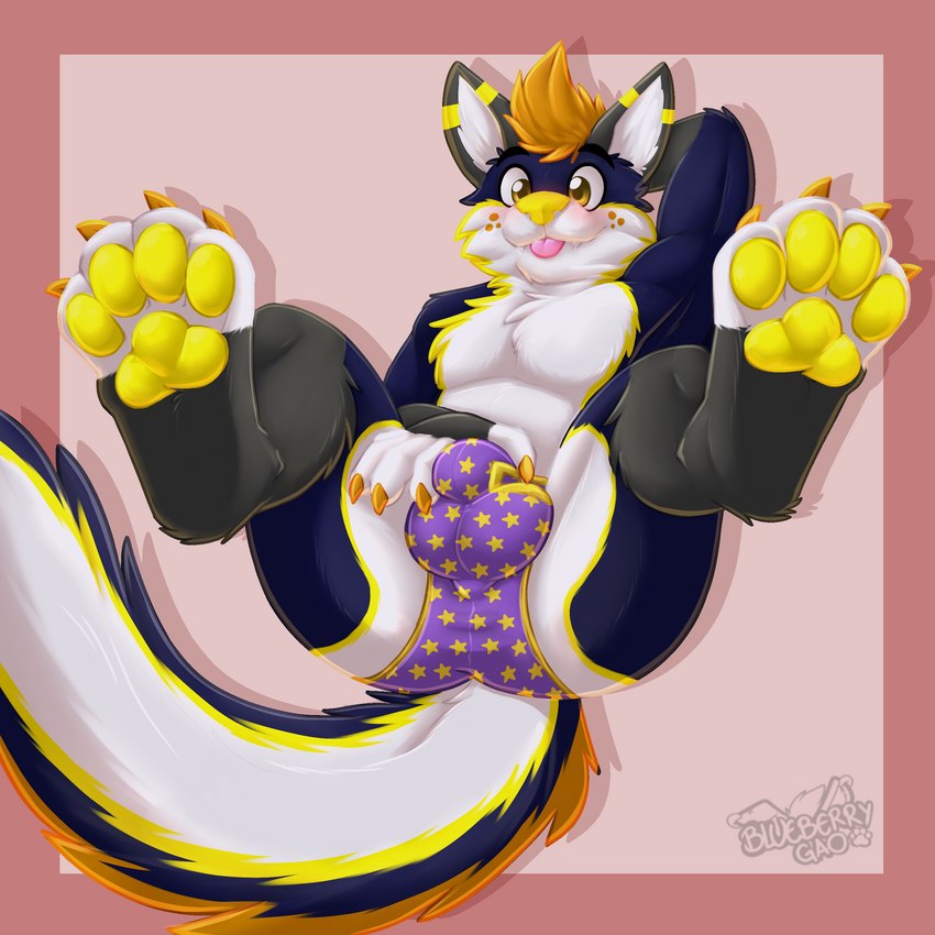 4_toes 5_fingers amber_eyes anthro balls_outline bent_legs biped black_eyebrows blep blue_body blue_fur blush border briefs bulge butt cheek_tuft chest_tuft claws clothing cute_fangs detailed_bulge digitigrade ear_markings eye_shimmer eyebrows facial_markings facial_tuft fangs feet feet_up fingers foot_focus front_view fur genital_outline gloves_(marking) grey_ears grey_markings hair hand_behind_head hand_on_bulge hand_on_crotch head_markings holding_bulge leg_markings legs_up looking_at_viewer lying male markings mostly_nude multicolored_body multicolored_fur multicolored_tail on_back orange_claws orange_hair orange_markings pawpads pink_background pink_border pink_tongue pointy_ears presenting_bulge prick_ears purple_clothing purple_underwear shadow simple_background smile solo spread_legs spreading tail tail_markings teeth toe_claws toes tongue tongue_out tuft underwear white_body white_fingers white_fur white_inner_ear white_toes yellow_body yellow_fur yellow_markings yellow_nose yellow_pawpads gaokun sebastian_(flusteredcustard) canid canine canis fox hybrid mammal wolf 1:1 2022 absurd_res digital_media_(artwork) hi_res watermark