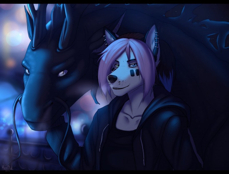 anthro black_bars clothed clothing duo ear_piercing female feral half-closed_eyes heterochromia looking_at_viewer male narrowed_eyes piercing smile teeth hastogs mythology gorsha_(character) canid canine canis dragon mammal mythological_creature mythological_scalie scalie wolf letterbox