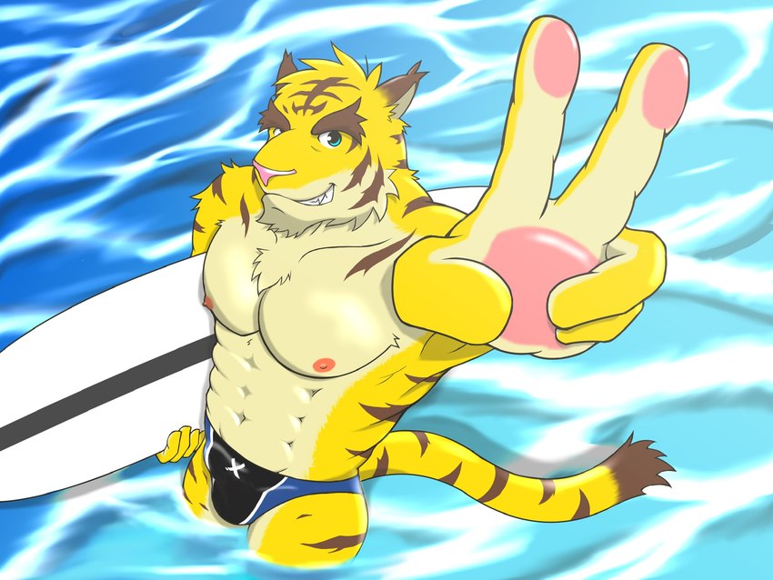 abs anthro blue_eyes brown_eyebrows clothing eyebrows fur male muscular muscular_anthro muscular_male nipples partially_submerged pawpads pecs pink_pawpads sea solo surfboard underwear water yellow_body yellow_fur xion_cleararms morenatsu torahiko_(morenatsu) felid mammal pantherine tiger 2020 4:3 hi_res