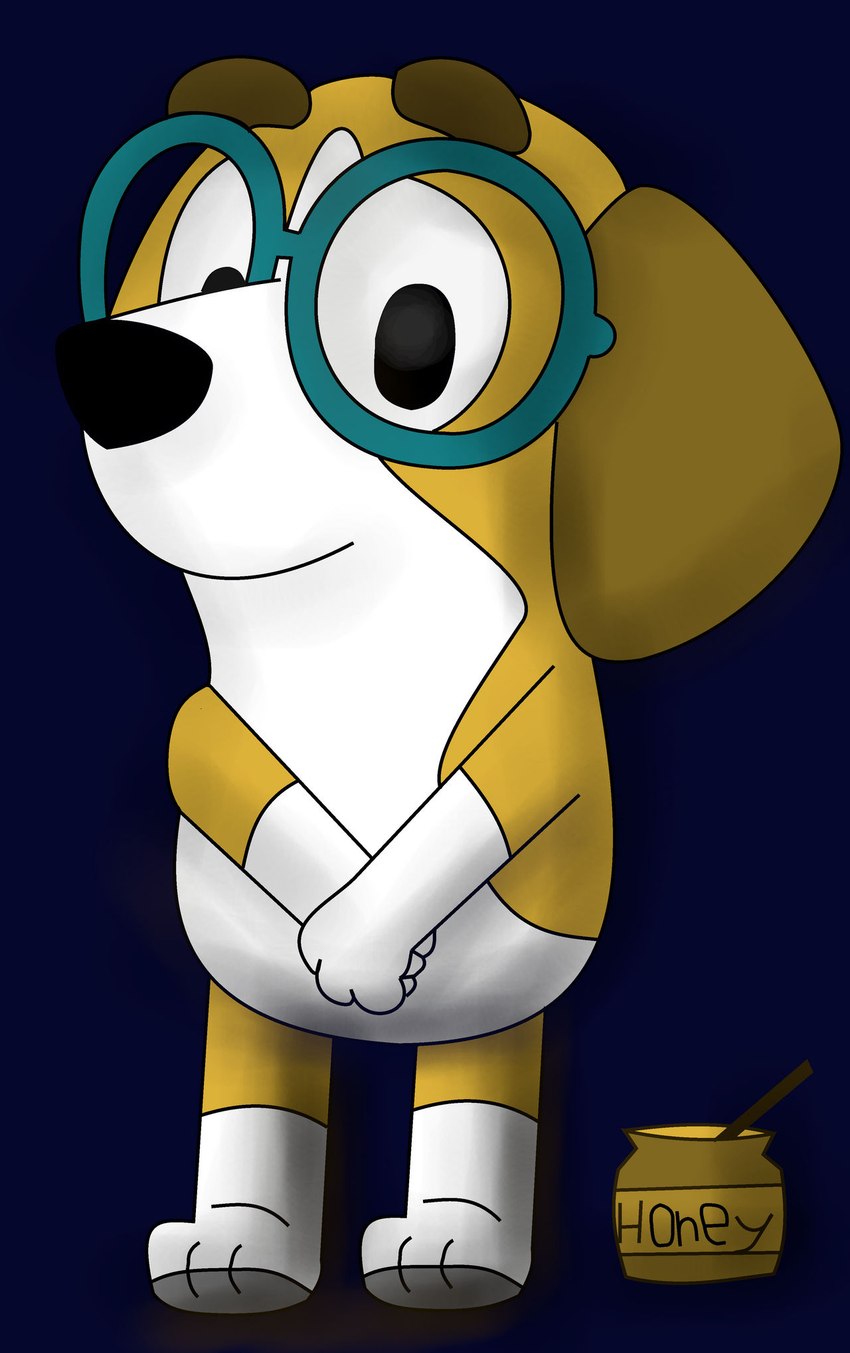 big_glasses blue_background eyewear female food fur glasses hand_on_belly honey_(food) hoscah round_glasses shadow simple_background smile solo standing white_body white_fur yellow_body yellow_fur bluey_(series) honey_(bluey) beagle canid canine canis domestic_dog hunting_dog mammal scent_hound hi_res unavailable_at_source