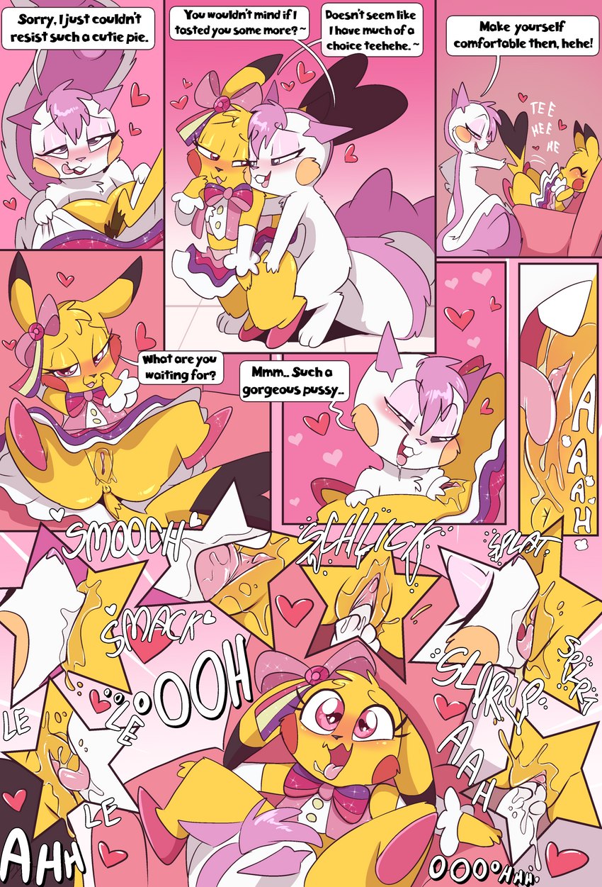 anthro anus bedroom_eyes blush bottomless clothed clothed/nude clothed_sex clothing cosplay_pikachu_(costume) cunnilingus dialogue female female/female fingering footwear fur genitals heart_symbol inside licking narrowed_eyes nude oral pussy seductive sex shoes sound_effects speech_bubble text tongue tongue_out vaginal white_body white_fur yellow_body yellow_fur fuf nintendo pokemon pikachu_pop_star generation_1_pokemon generation_4_pokemon pachirisu pikachu pokemon_(species) 2023 absurd_res comic english_text hi_res