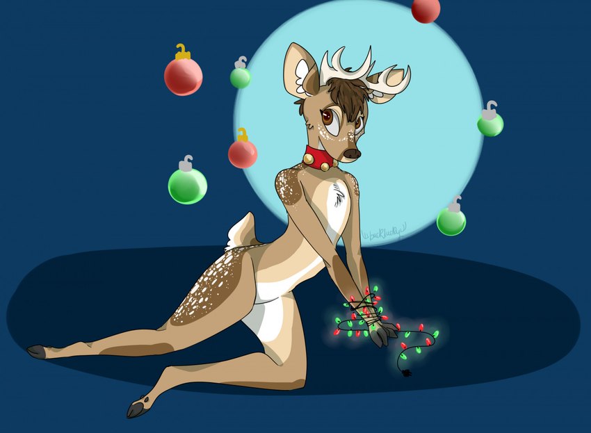 anthro antlers bdsm bondage bound brown_body brown_eyes brown_fur brown_hair brown_nose butt chest_tuft christmas_decorations collar fur glistening glistening_eyes hair horn inner_ear_fluff male markings nude red_collar short_hair simple_background solo spots spotted_body spotted_butt spotted_fur spotted_shoulders tan_body tan_fur tuft white_antlers white_body white_fur white_inner_ear_fluff bucklucky lucky_(bucklucky) deer mammal new_world_deer white-tailed_deer full-length_portrait portrait signature trans_(lore) trans_man_(lore)