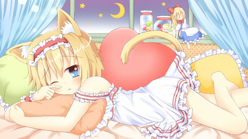 accessory arm_garter bed blonde_hair blue_eyes blush clothing container crescent_moon curtains detailed_background doll duo female frilly frilly_accessory frilly_clothing frilly_hairband furniture garter hair hair_accessory hairband jar looking_at_viewer lying moon night nightgown on_front pillow short_hair solo_focus star tail waking_up window umi_suzume touhou alice_margatroid animal_humanoid cat_humanoid felid felid_humanoid feline feline_humanoid humanoid mammal mammal_humanoid digital_media_(artwork) portrait three-quarter_portrait