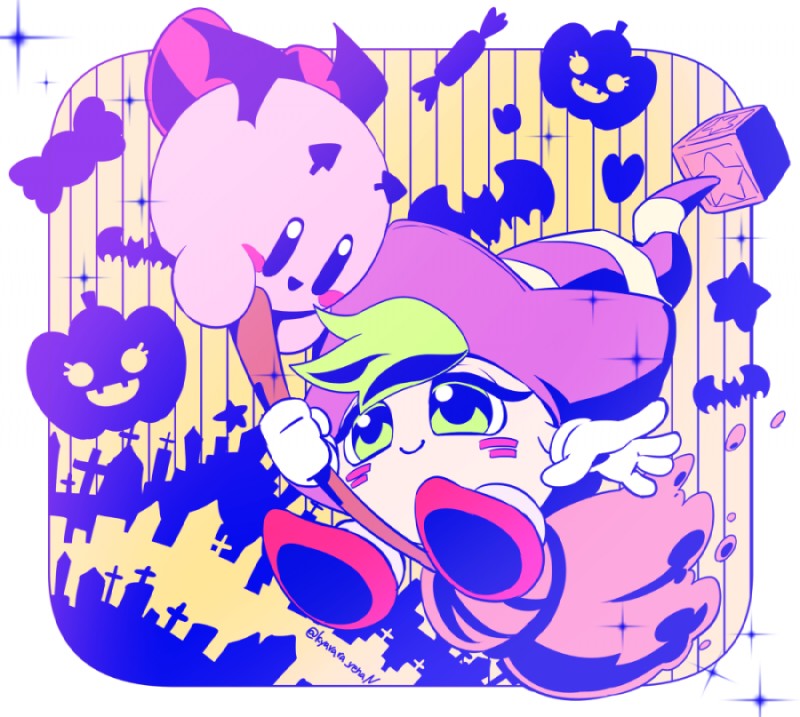 ambiguous_gender border broom cleaning_tool clothing detailed_background duo female food fruit green_eyes hat headgear headwear heart_symbol horn jack-o'-lantern membrane_(anatomy) membranous_wings not_furry plant pumpkin rosy_cheeks spade_horn white_border wings witch_hat kyarara_renan kirby_(series) nintendo gryll kirby bat mammal waddling_head