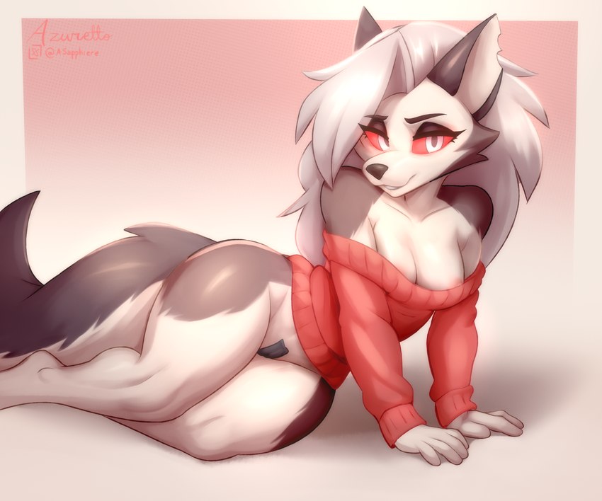 anthro areola barely_visible_nipples black_nose breasts clothed clothing feet female grey_hair hair long_hair looking_at_viewer lying maebari nipples on_side red_sclera simple_background smile solo sweater toes topwear white_body azuretto helluva_boss mythology loona_(helluva_boss) canid canid_demon canine demon hellhound mammal mythological_canine mythological_creature 2025 absurd_res digital_media_(artwork) hi_res