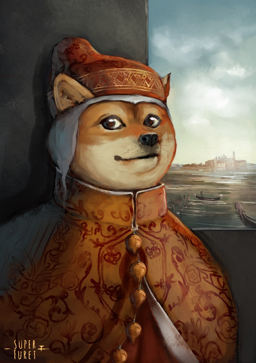 anthro black_nose boat brown_body brown_fur city city_background clothed clothing cloud day detailed_background duo fully_clothed fur furgonomics gondola_(boat) headgear headwear humor inside looking_at_viewer male medieval orange_clothing red_clothing renaissance_architecture royalty sky solo_focus standing tan_body tan_fur text vehicle venice water watercraft whiskers window super_furet dogelore portrait_of_doge_marino_grimani_(domenico_tintoretto) doge ambiguous_species canid canine canis domestic_dog mammal shiba_inu spitz 2018 artist_name digital_media_(artwork) digital_painting_(artwork) english_text half-length_portrait hi_res inspired_by_formal_art meme portrait shaded