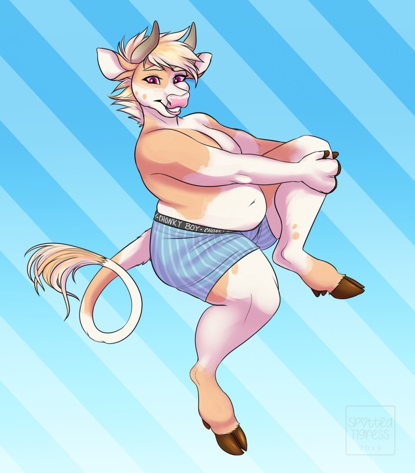 anthro belly big_belly blonde_hair blue_bottomwear blue_clothing bottomwear brown_hooves clothed clothing fur glistening glistening_eyes hair hooves horn looking_at_viewer male moobs orange_body orange_fur overweight overweight_anthro overweight_male pattern_background pink_nose purple_eyes simple_background solo striped_background topless white_body white_fur white_hair tiggybloom bovid bovine cattle mammal 2019 hi_res