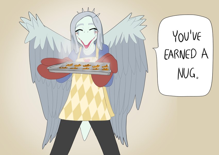 abstract_background alternate_costume anthro apron blush chicken_meat chicken_nugget clothing dialogue dino_nugget eyes_closed feathered_wings feathers female food front_view grey_body grey_hair grey_scales hair handwear long_hair meat open_mouth open_smile oven_mitts scales short_tail simple_background smile snout solo tail talking_to_viewer text wings buffgourmetking cavemanon_studios goodbye_volcano_high snoot_game fang_(gvh) dinosaur prehistoric_species pterodactylus pterosaur reptile scalie 2024 absurd_res digital_drawing_(artwork) digital_media_(artwork) english_text hi_res