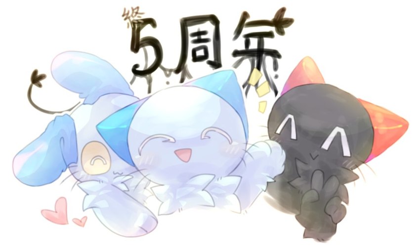 ^v^ black_body black_fur blue_body blue_ears blue_fur fur group kemono red_ears simple_background text trio white_background yellow_sclera xinyue neko_no_teach-kun oyasaioni9 kobayashi_(neko_no_teach-kun) sam_(neko_no_teach-kun) teach domestic_cat felid feline felis lagomorph leporid mammal rabbit chinese_description japanese_text