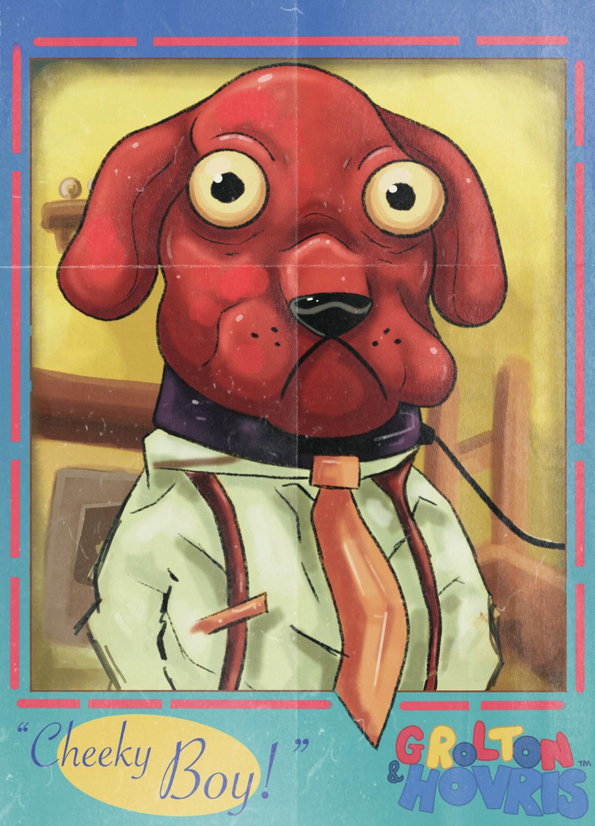 anthro clothed clothing collar detailed_background domestic_pet floppy_ears frown leash leashed_collar male necktie on_model poster poster_template quote red_body shirt solo suspenders title topwear whisker_spots pidgequill don't_hug_me_i'm_scared hovris_(dhmis) canid canine canis domestic_dog mammal hi_res