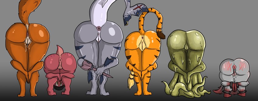 anthro anus bent_over big_butt bodily_fluids butt female genital_fluids genitals ghoublin_(darkest_dungeon) group lily_wildcat presenting presenting_anus presenting_hindquarters presenting_pussy pussy rear_view take_your_pick vaginal_fluids megasmitten darkest_dungeon praise_da_booty_(meme) bai_the_vixen diggs_(megasmitten) elizabeth_sawtooth_(megasmitten) solution_(darkest_dungeon) canid canine felid fish fox goblin goo_creature humanoid hybrid kobold mammal marine pantherine scalie shark tiger absurd_res hi_res