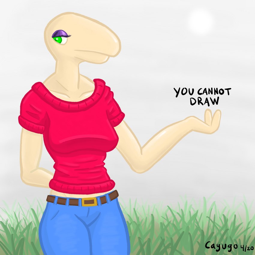 2_fingers belt belt_buckle bottomwear buckle clothed clothing cloud cloudy_sky denim denim_bottomwear denim_clothing eyelashes eyeshadow female fingers frown grass green_eyes jeans makeup pants plant purple_eyeshadow red_clothing sky solo sweater text topwear cayugo humanoid unknown_species 1:1 absurd_res hi_res