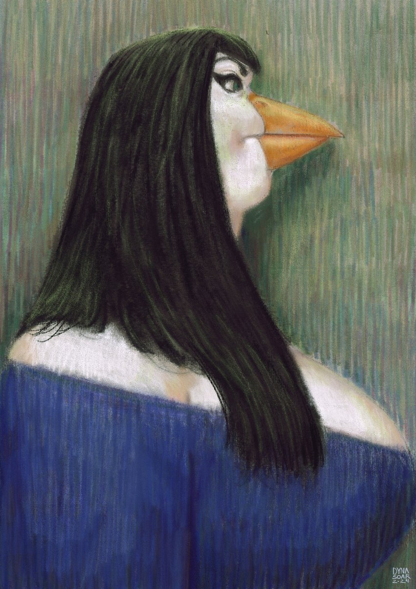 alternative_fashion anthro bangs beak big_breasts black_hair blue_clothing blue_dress breasts clothed clothing digital_pastel_(artwork) dress eyebrows eyelashes feathers female goth green_eyes hair impressionist_background long_hair low_cut_dress overweight overweight_female side_view solo white_body white_feathers dyna_soar goth_bird_(dyna_soar) avian bird 2024 bust_portrait digital_drawing_(artwork) digital_media_(artwork) hi_res portrait signature sketch