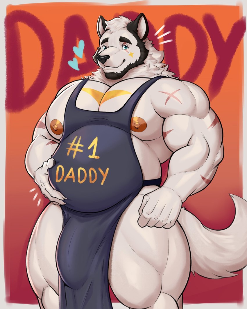 anthro apron apron_only areola beard belly belly_grab biceps big_bulge big_muscles big_pecs biped bulge clothing detailed_bulge facial_hair facial_scar fur genital_outline male male_anthro muscular muscular_anthro muscular_male nipples pecs penis_outline scar solo standing tattoo triceps white_body white_fur rux-uwu canid canine canis domestic_dog mammal nordic_sled_dog samoyed spitz hi_res